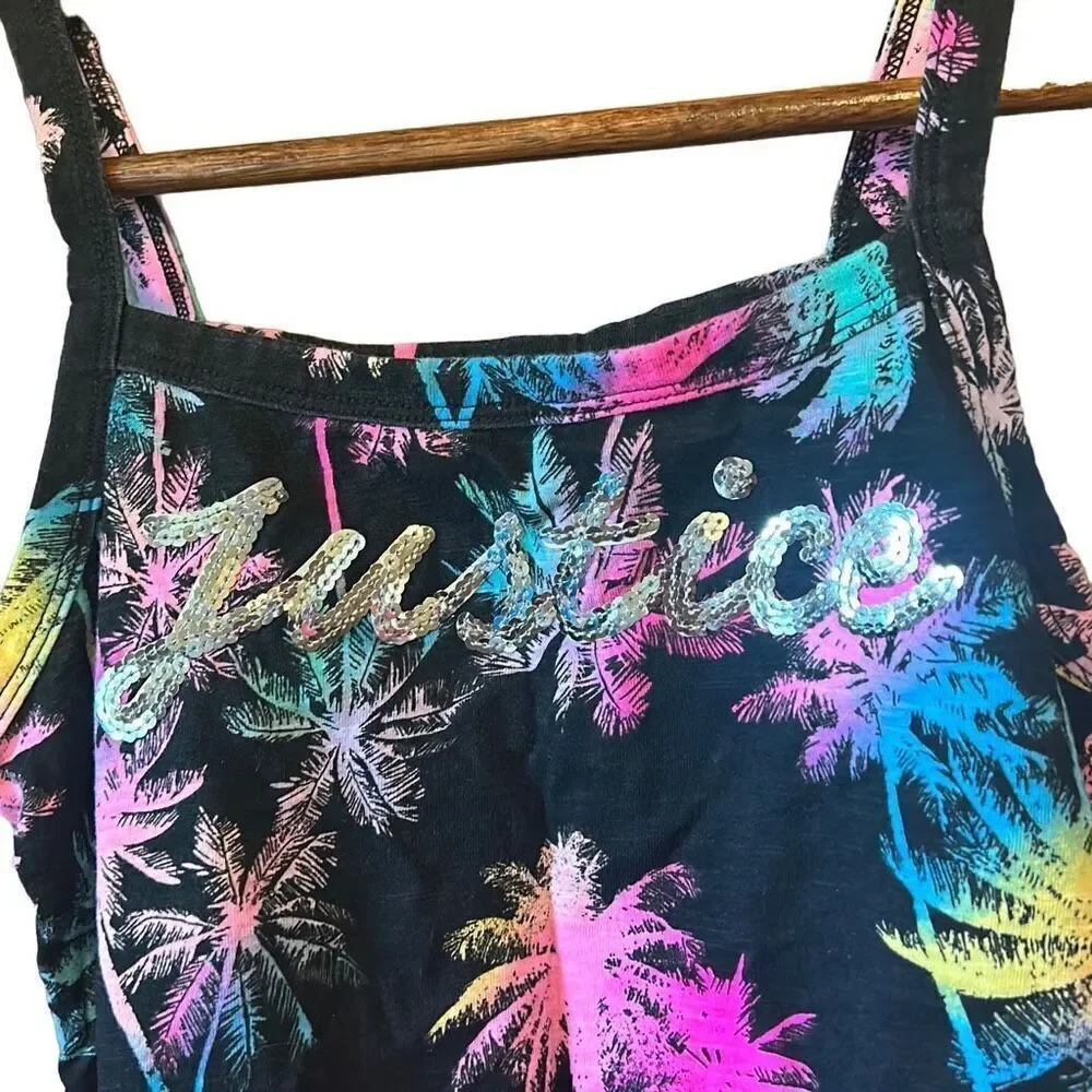 Justice Girls Black Palm Tree Rainbow Graphic‎ Tank Top Ruffle Hem Size M